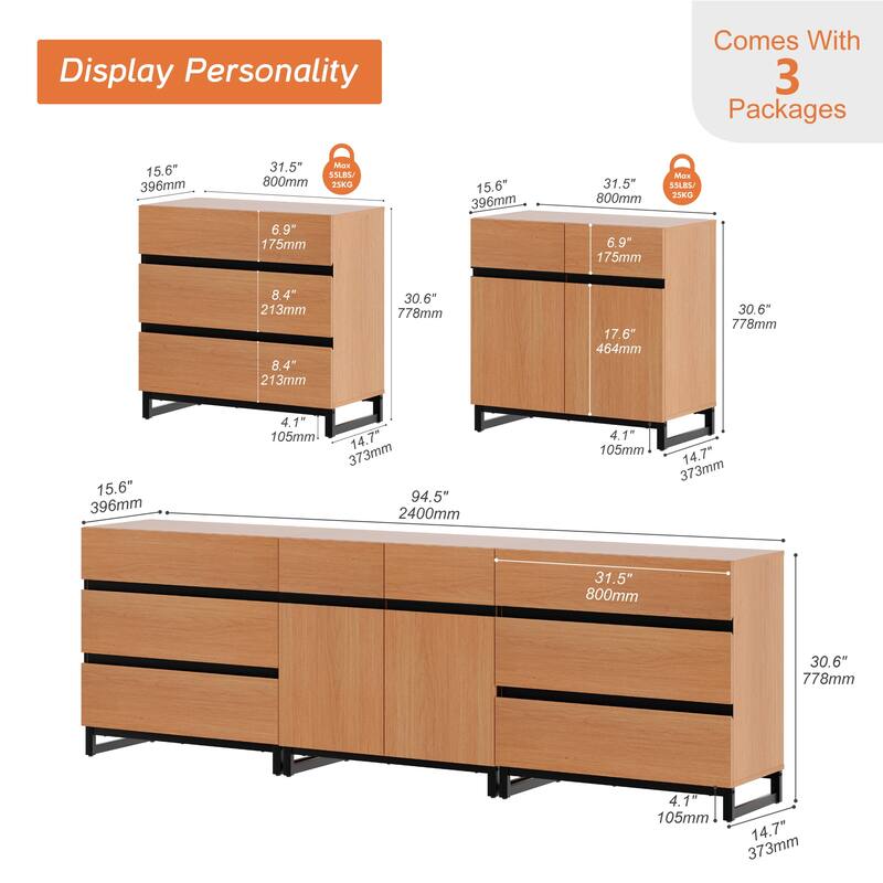 Modern TV Stand for TVs up to 100 inch, 3 in 1 TV Console with Adjustable Shelf and 6 Drawers, Media Console