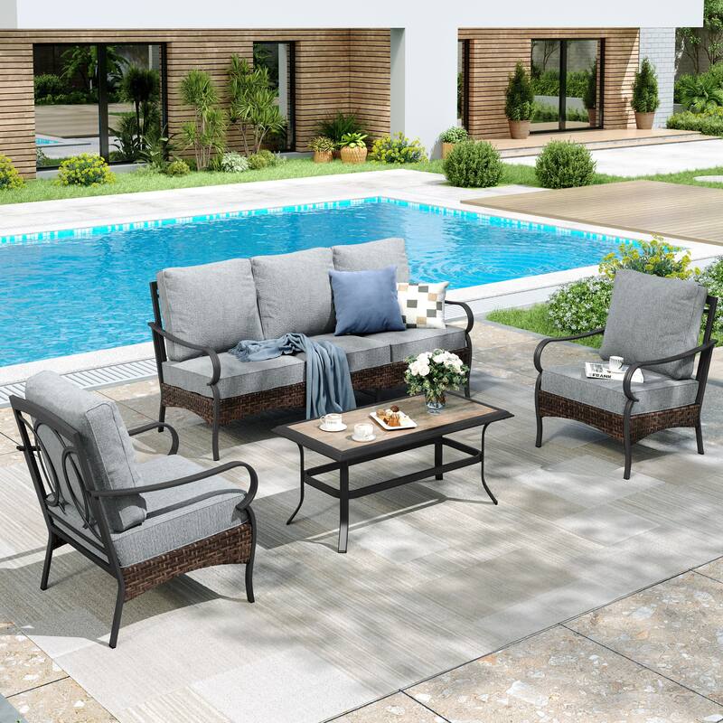 MAISON ARTS 4-Piece Rattan Wicker Patio Furniture Set with Swivel Chairs and Coffee Table for Outdoor Spaces - Fixed Chair - Grey