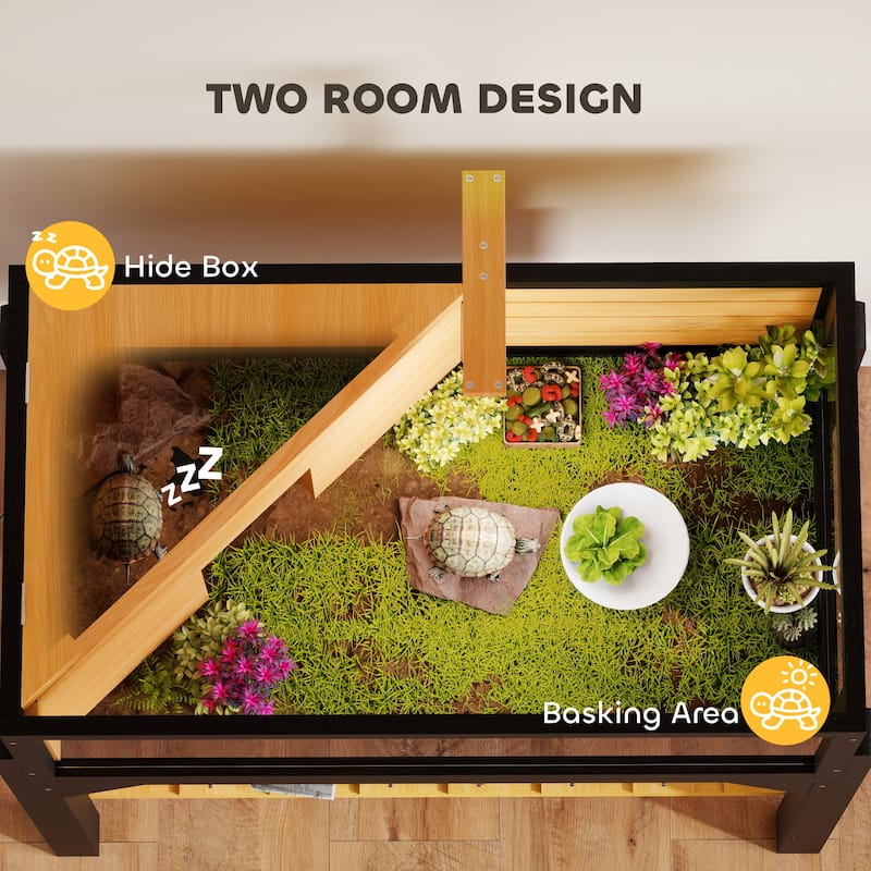 PawHut Tortoise Habitat with Storage Shelf, Wooden Tortoise Enclosure with Clear Windows, Lamp Holder, Openable Top