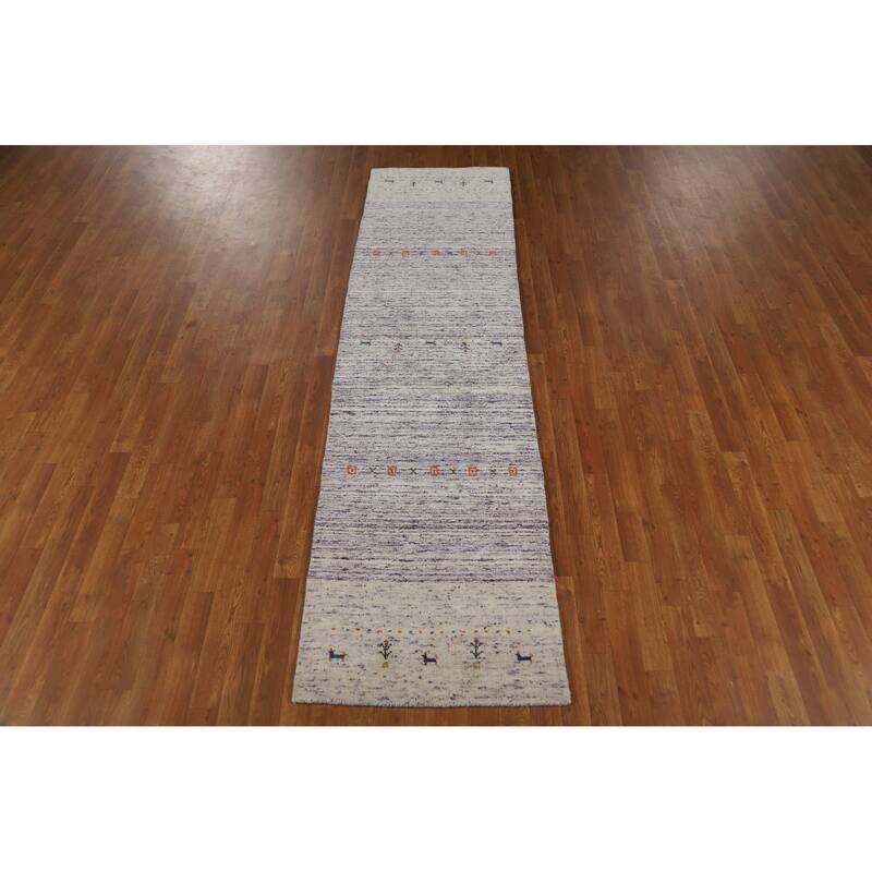 Gabbeh Indian Runner Rug Hand-Knotted Modern Purple Wool Carpet - 2'5" x 9'6"