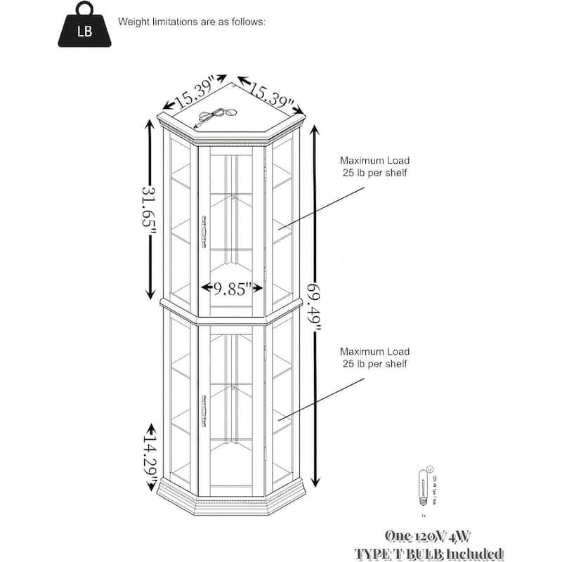 Roomfitters Wooden Corner Display Curio Cabinet, Lighted China Cabinet with Tempered Glass Door