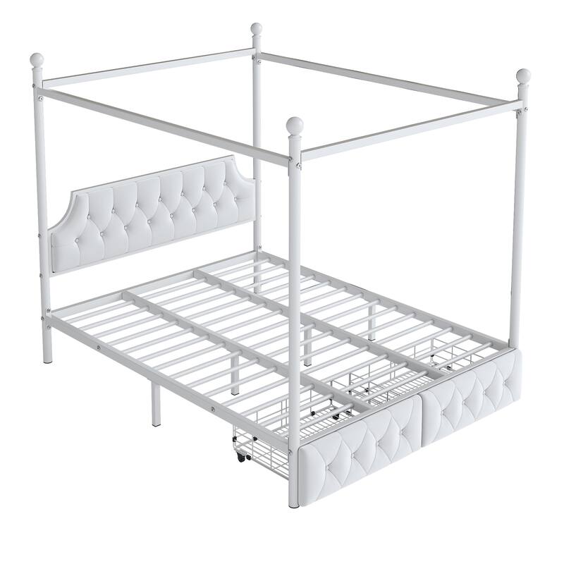 Queen Size Metal Canopy Platform Bed with Upholstered Headboard and Two Drawers