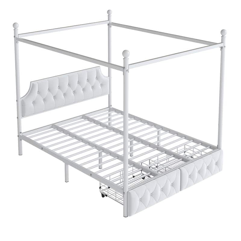 Queen Upholstered Canopy Bed Frame with 2 Drawers and Button Tufted Headboard/Metal Platform Bed Frame/Sturdy Metal Frame/White