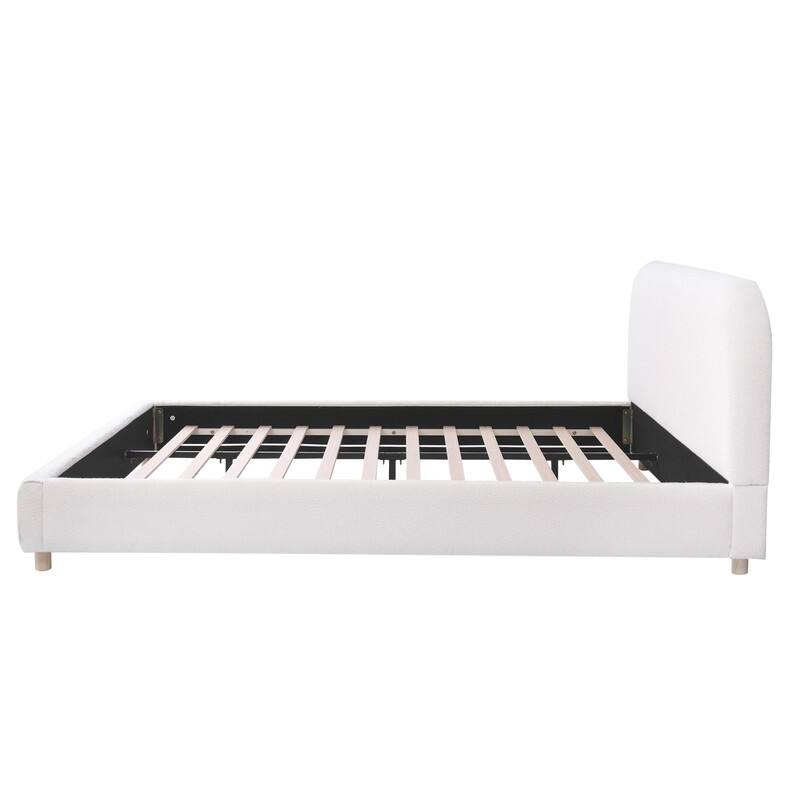 Queen/King Size Platform Bed with Curve-Shaped Design Headboard, Boucle Fabric Upholstered Bed Frame with Slats Support