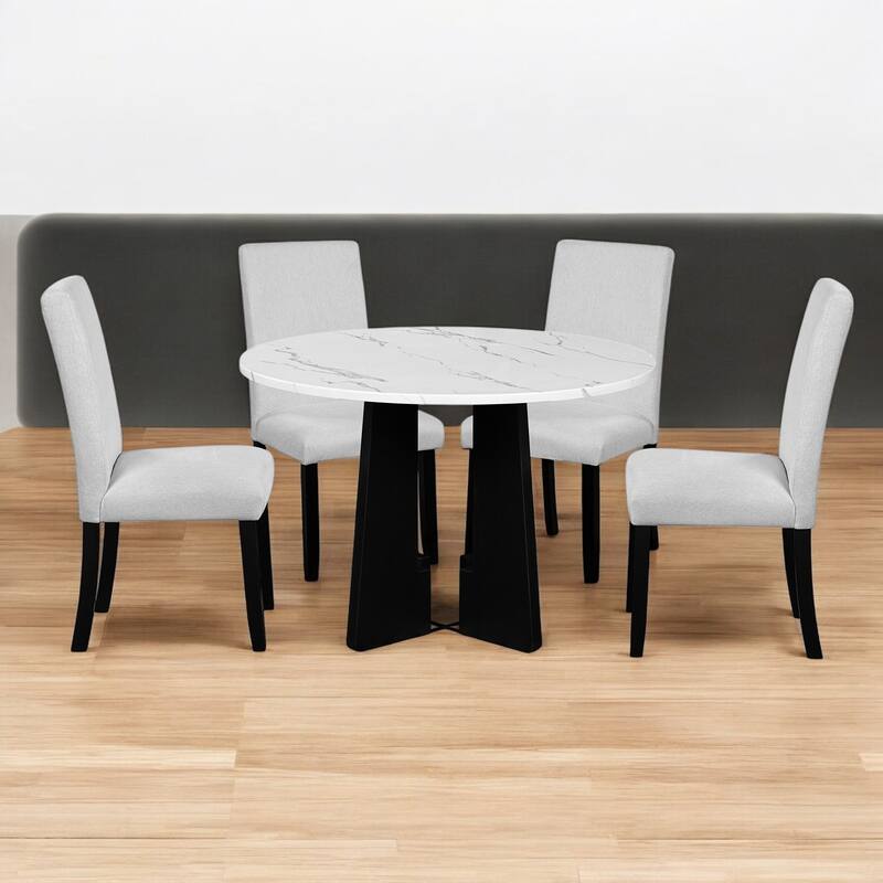 5-Piece Round Dining Table Set, 43-Inch MDF Table with 4 Upholstered Chairs for Kitchen, Dining Room, Living Room - Beige+White