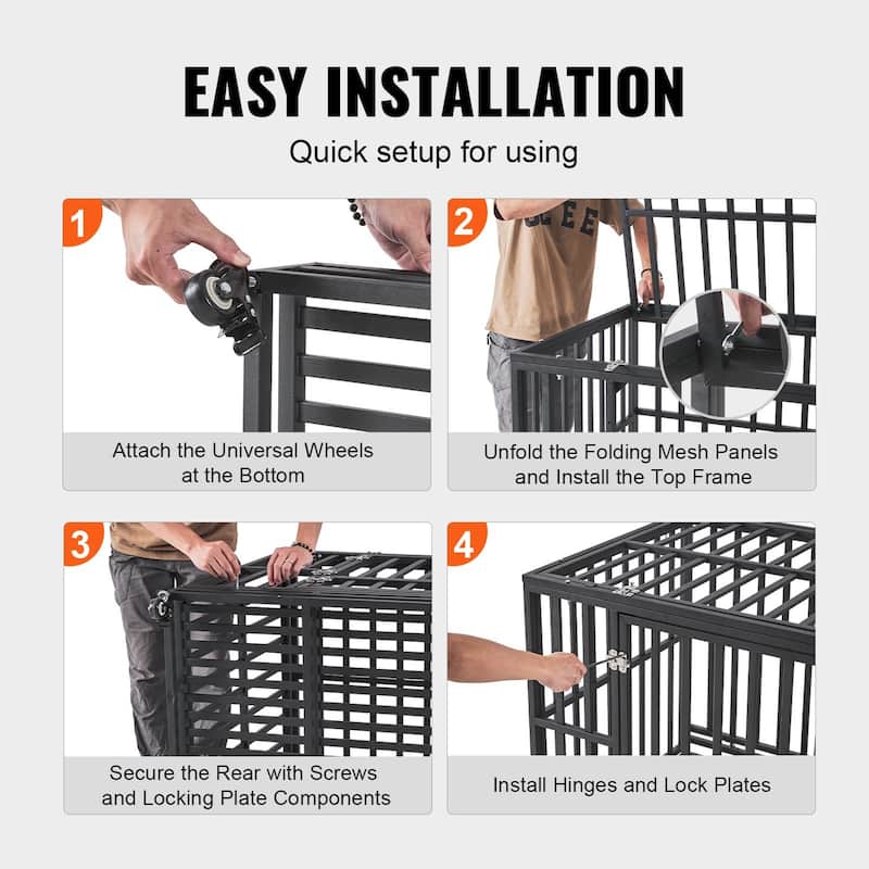 Black Indestructible Heavy Duty Carbon Steel Dog Crate with 3-Door and Lockable Swivel Wheels