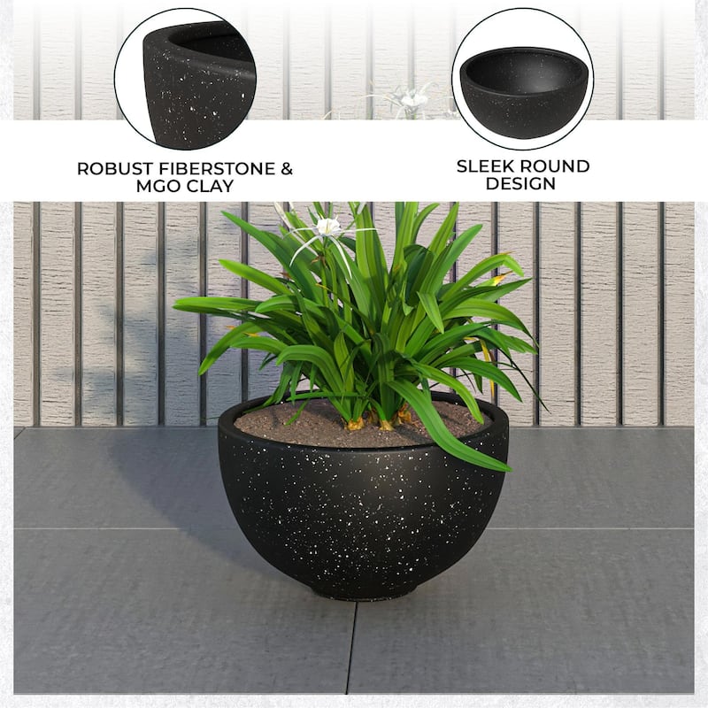 Iris Modern Round Planter Sleek Fiberstone & MgO Clay Pot with Drainage - Weather-Resistant All-Season Indoor/Outdoor Decor