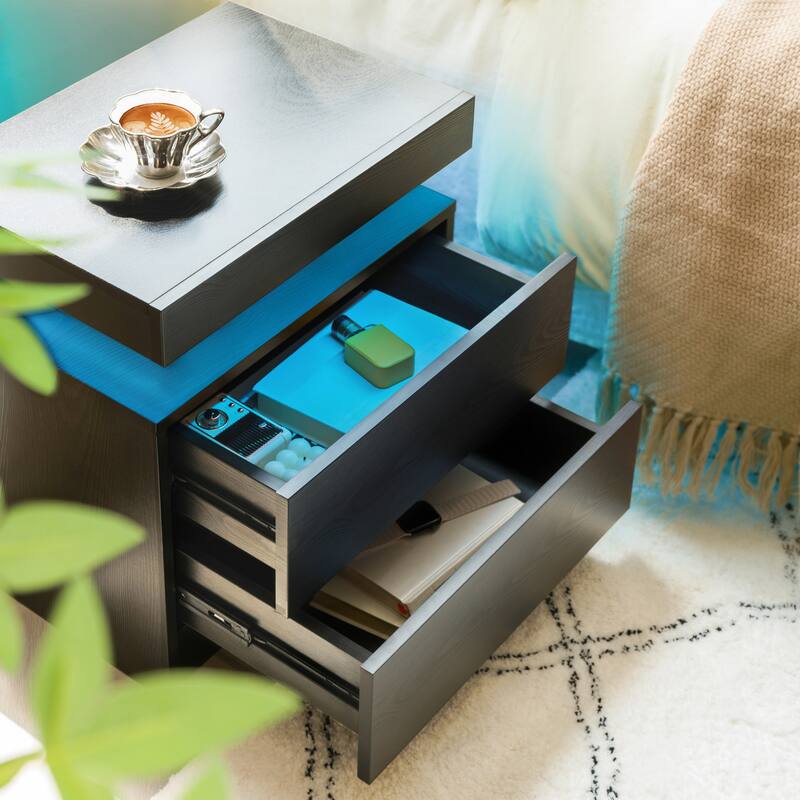 GDF Studio - Avalon Modern LED Nightstand with Dual Drawers and Open Storage Shelf