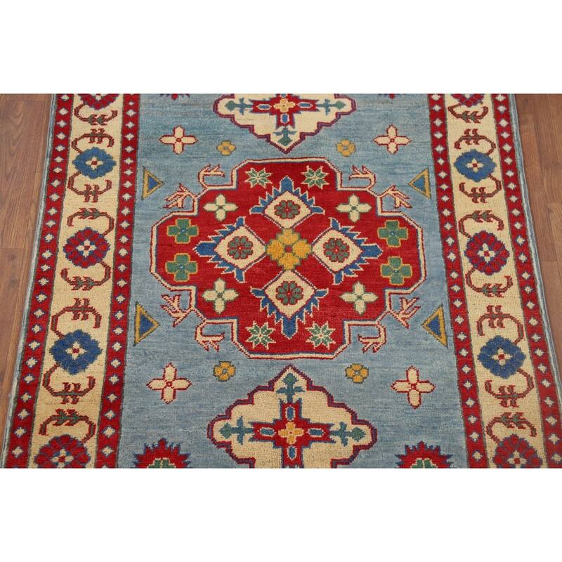 Blue Geometric Kazak Oriental Accent Rug Handmade Wool Carpet - 3'4" x 4'9"