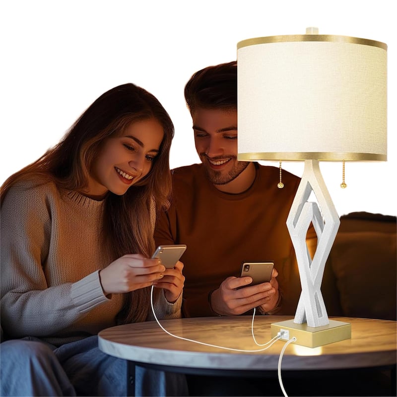 26” Modern Bedside Lamp with White Linen Gilt Shade
