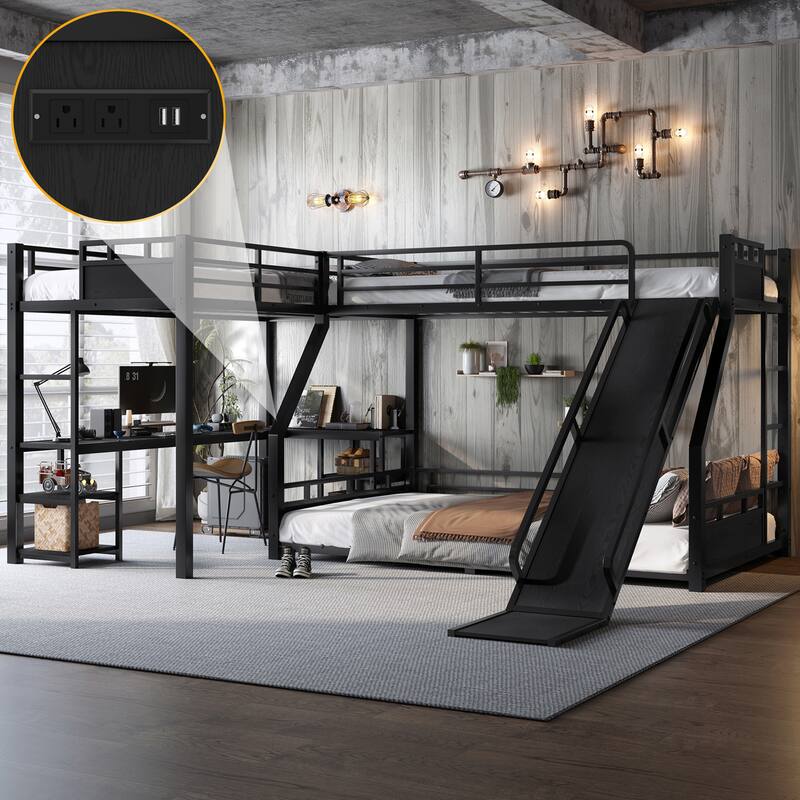 L-Shaped Metal Triple Bunk Bed with Slide, Built-in Desk, Storage Shelves and USB Charging Port - Black - Twin XL