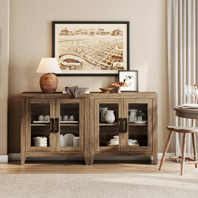 WAMPAT Modern Farmhouse TV Stand, Entertainment Center with Tempered Glass Doors & Adjustable Shelves