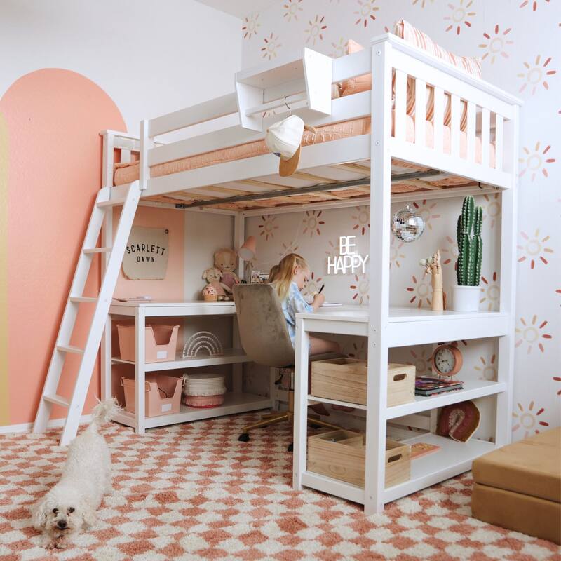 Max and Lily Twin Size High Loft Bed with Wraparound Desk and Shelves