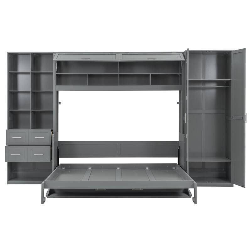 Queen Size Murphy Bed with Side Wardrobe & Flip Design, Foldable Wooden Wall Bed with Storage Drawers & Shelf for Home Office