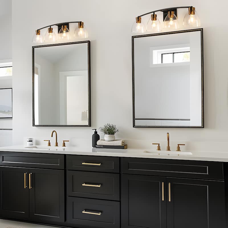 Modern Farmhouse 4-Light Black Gold Bathroom Vanity Lights Glass Wall Sconces - D32.3" x H8.6"