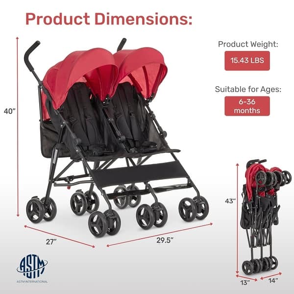 dimension image slide 1 of 4, Dream On Me Twin Venture Umbrella Stroller