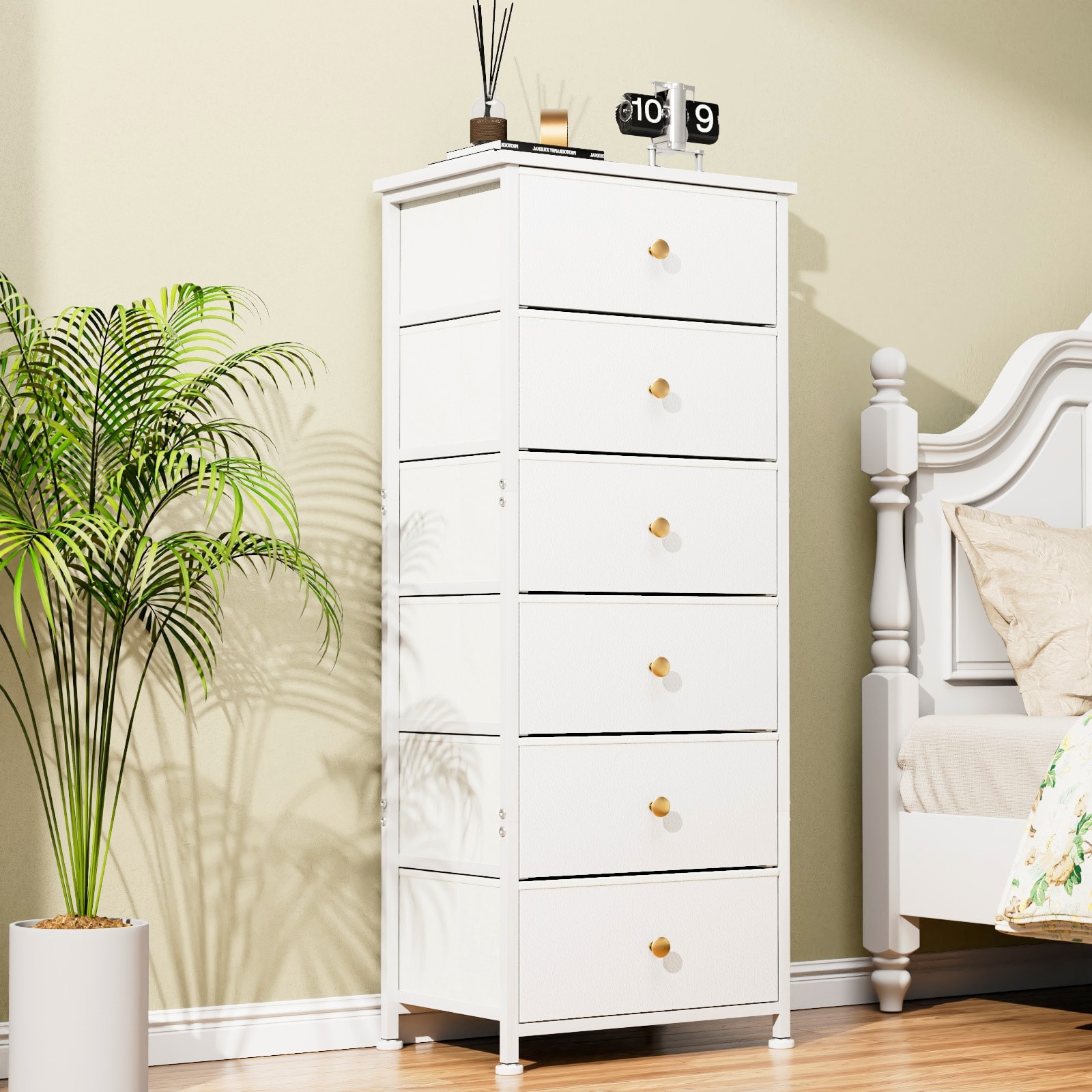 White Tall Dresser for Bedroom with 6 Drawers for Closet, Chest of Drawers with Metal Handle, Wood Top, Living Room White Tall Dresser for Bedroom with 6 Drawers for Closet, Chest of Drawers with Metal Handle, Wood Top, Living Room