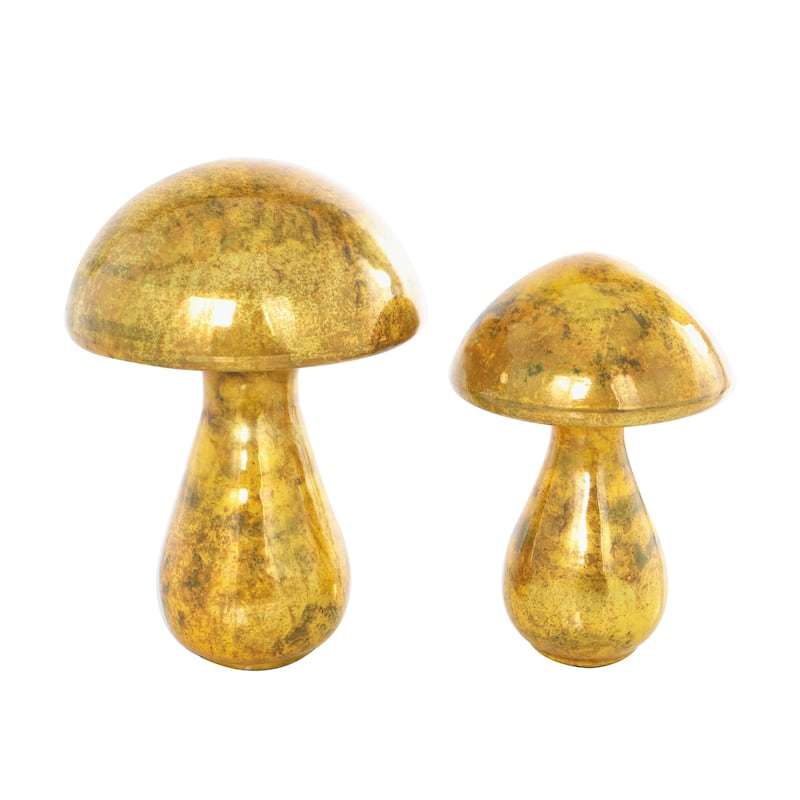 Gold, Green or Champagne Glass Handmade Glossy Weathered Mushroom Sculpture (Set of 2)