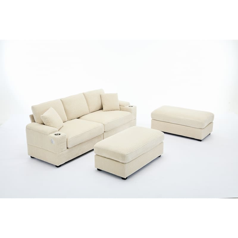 Modular Convertible Sectional Sofa with 2 Ottomans, 2 Seaters Corduroy Arms Couch, Loveseat Sofa with Cup Holders & USB Ports