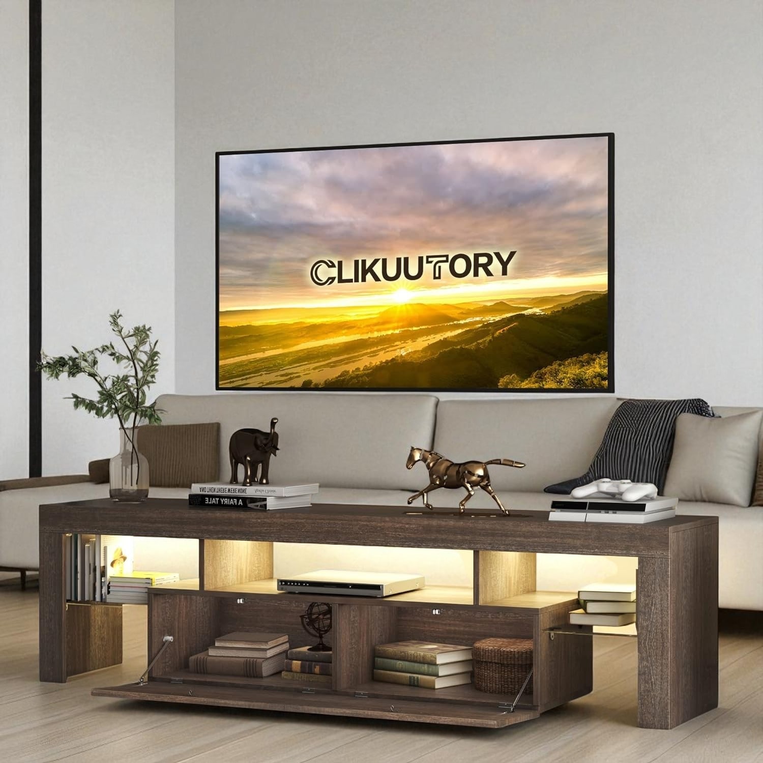 63" LED TV Stand with Drawers, Brown Wood Farmhouse Console for 40-75" TVs, Glossy Entertainment Center