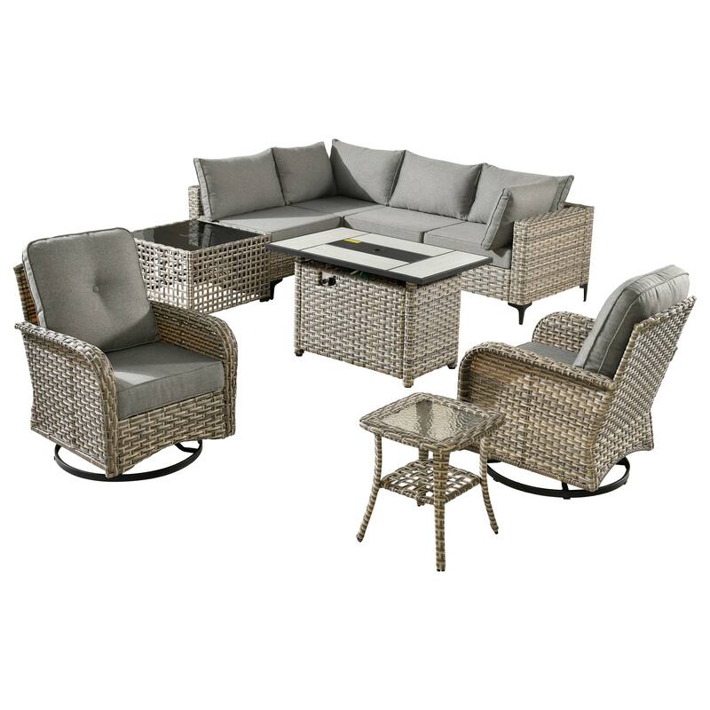 OVIOS 9 Pieces Outdoor Wicker Swivel Chair Set With Fire Table