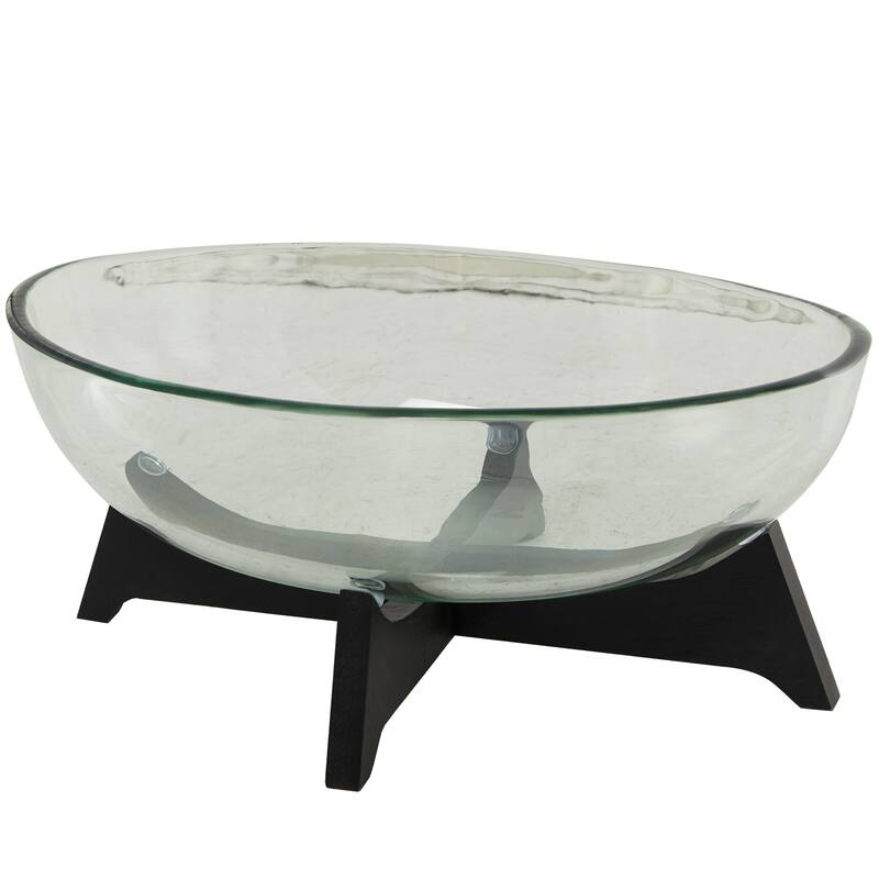Clear Glass Kitchen Serving Bowl with Black Wooden Base