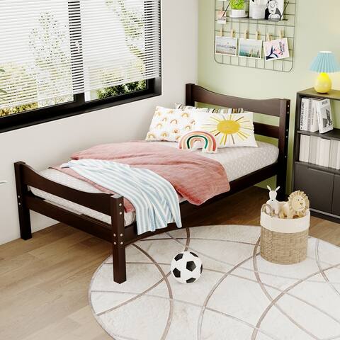 Twin Size Wood Platform Bed with Headboard and Wooden Slat Support