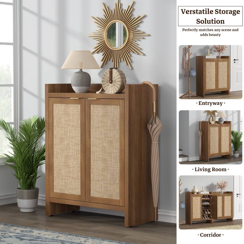 SICOTAS Rattan Shoe Cabinet for Entryway, 6-Tier Shoe Rack with Doors and Adjustable Shelves