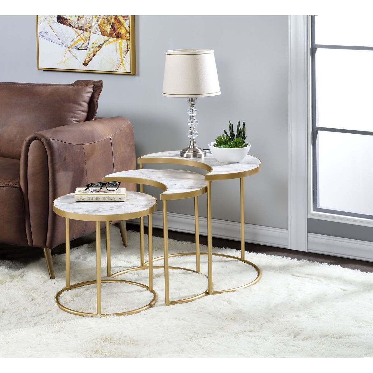 Contemporary Style 3Pc Pack Nesting Tables Faux Marble Gold
