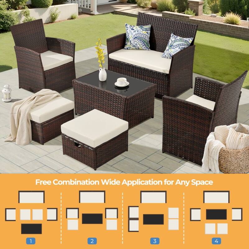 6-Piece Wicker Outdoor Sofa Set, 1 Loveseats, 2 Chairs, 2 Ottomans and 1 Table