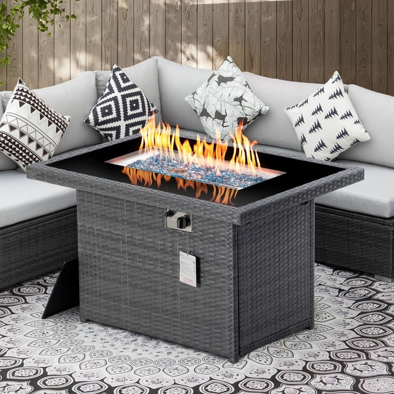 FINCATI Outdoor Wicker 43" Propane Fire Pit Table, 60,000 BTU Modern Luxury Rectangular Fire Pit Natural Gas Convertible