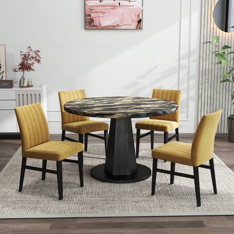Roundhill Furniture Cavira 5-Piece Round Modern Dining Set - Black and Gold Table + 4 Yellow Chairs