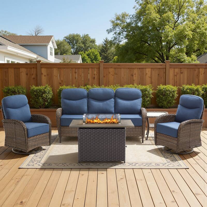 Meyreso 5-Piece Wicker Outdoor Patio Fire Pit Sofa Set with 6-Inch Thick Cushions - Brown Wicker - Navy Blue Cushions