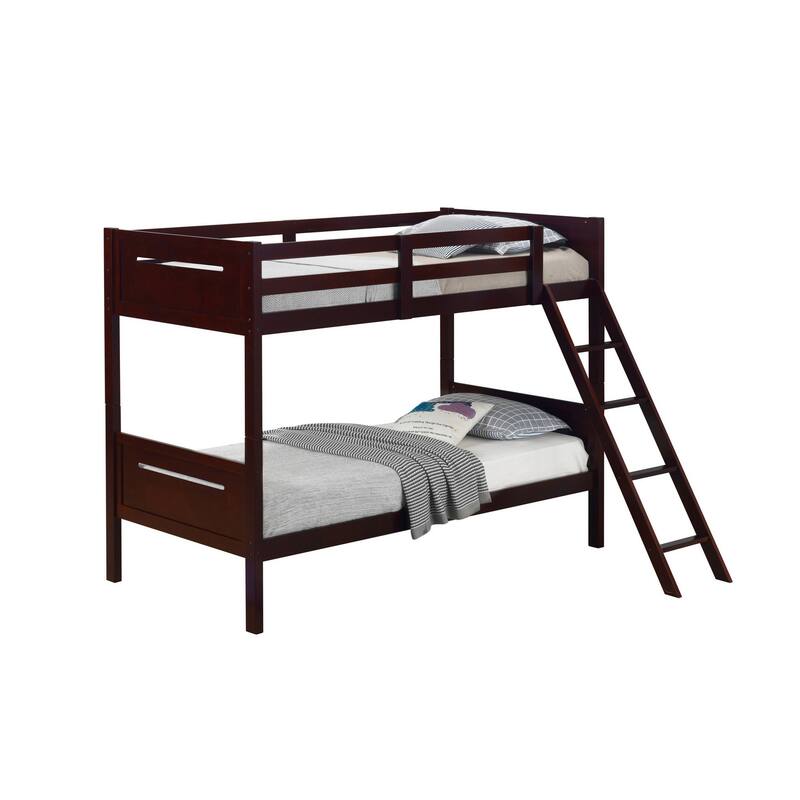 Amey Wood Twin Bunk Bed with Angled Ladder, Guardrail, Slat Kit, Brown