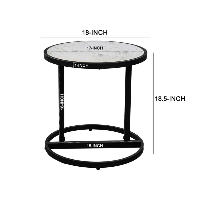 Beri 18 Inch Side End Table, Round White Natural Marble Top, Classic