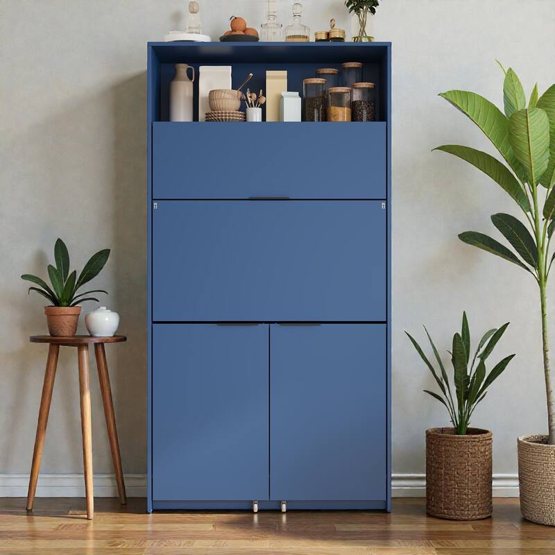 Compact Kitchen Pantry Cabinet with Hutch, Foldable Workstation, Power Outlet, 69 Inch Buffet Storage - Dark Blue
