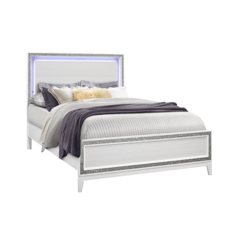 HomeRoots Silver and White Faux Crystal Bling Wood Lighted Full Bed Frame