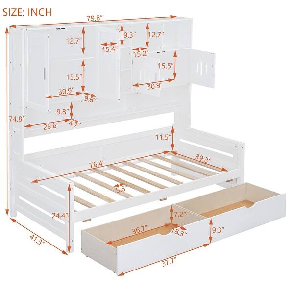 Modern Twin Size Kids Bed Daybed, All-in-One Cabinet Bed with 2 Drawers,White
