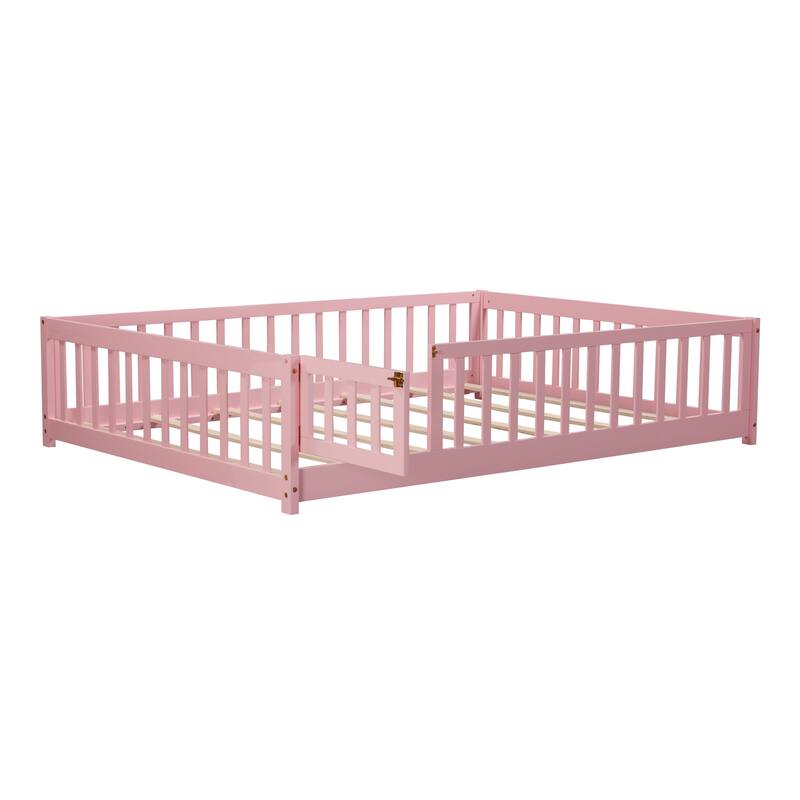 Full size Floor Platform Bed with Fence and Door, White