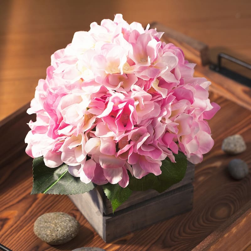 Enova Home Artificial Silk Hydrangea Fake Flowers Arrangement in Wood Planter for Home Office Wedding Decoration