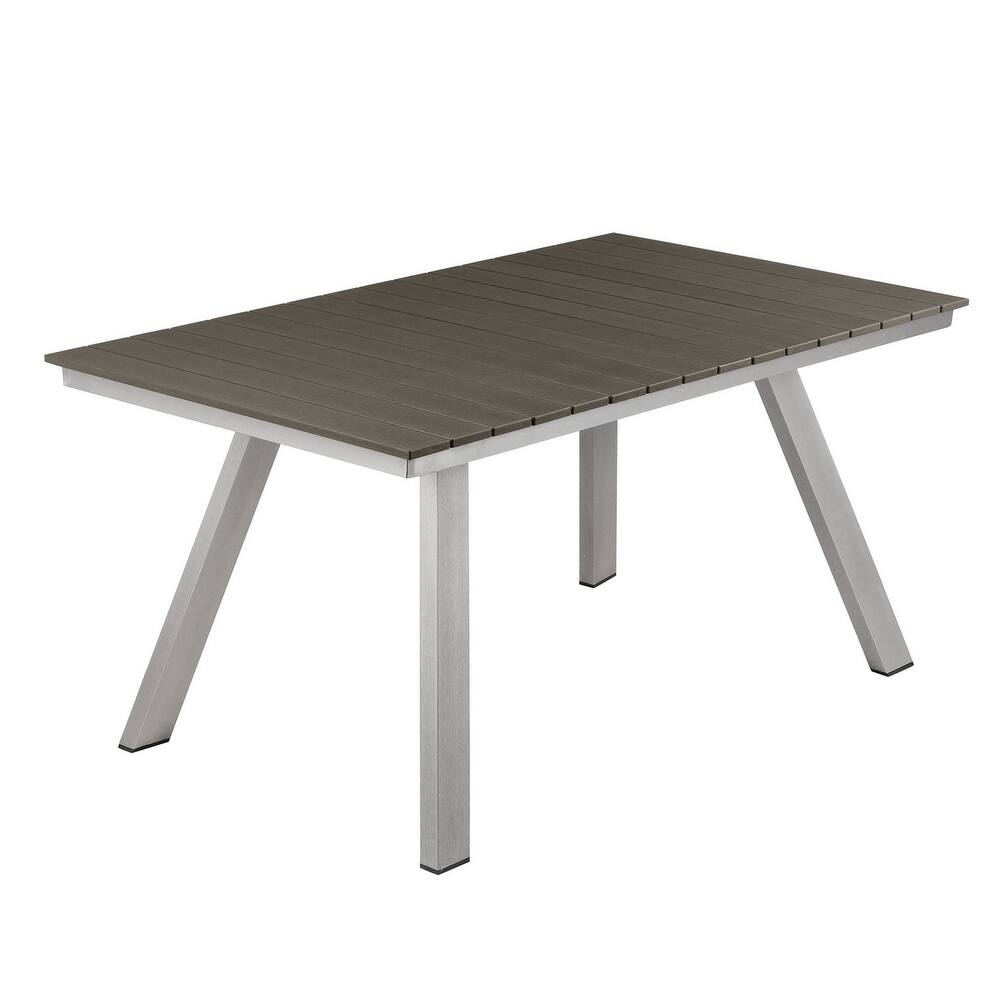 Zia 59 Inch Outdoor Table, Polyresin Plank Top, Smooth Gray Aluminum Frame
