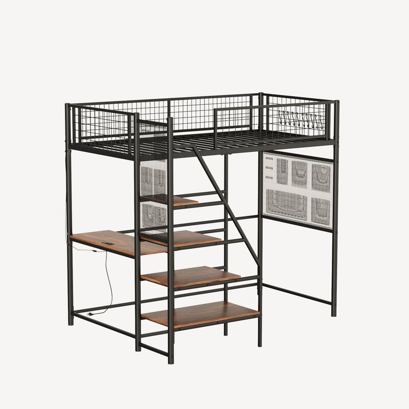 Twin Size Loft Bed with Built-in Charging Station & LED Lighting, Heavy-Duty Metal Loft Bed Frame with Desk & Safety Guardrails