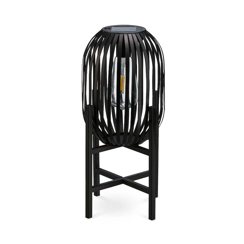 Glitzhome Outdoor Black Metal Striped Freestanding Solar Lantern Deck Lamp