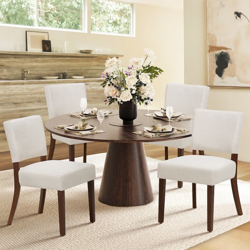 Set of 2 Modern Farmhouse Dining Chairs: Upholstered Mid-Back Chairs with Wood Legs - Beige