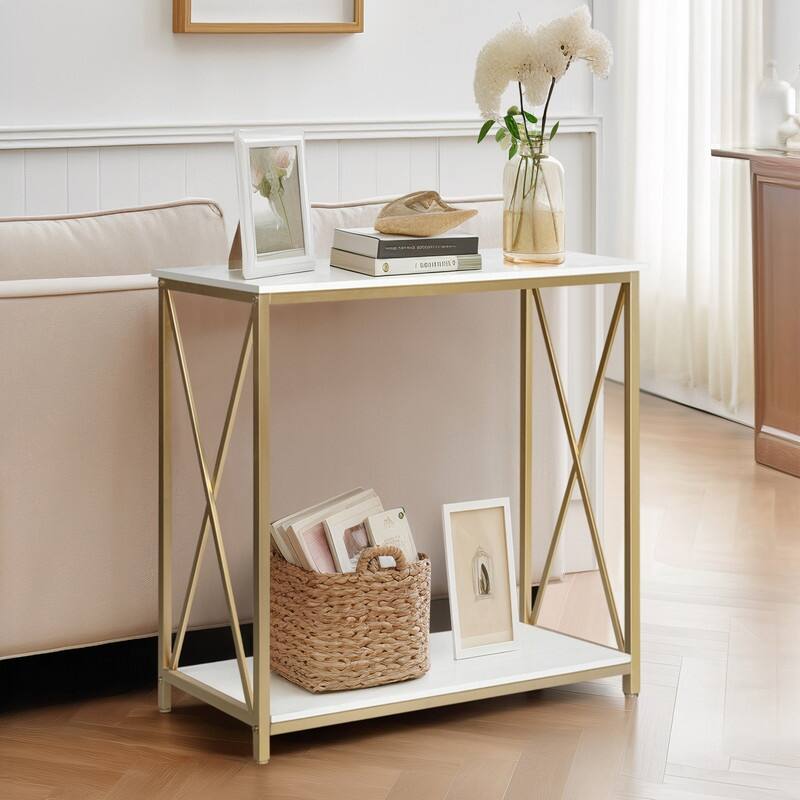 2-Tier Console Entry Table with Faux Marble Top and Gold Metal Frame - Gold