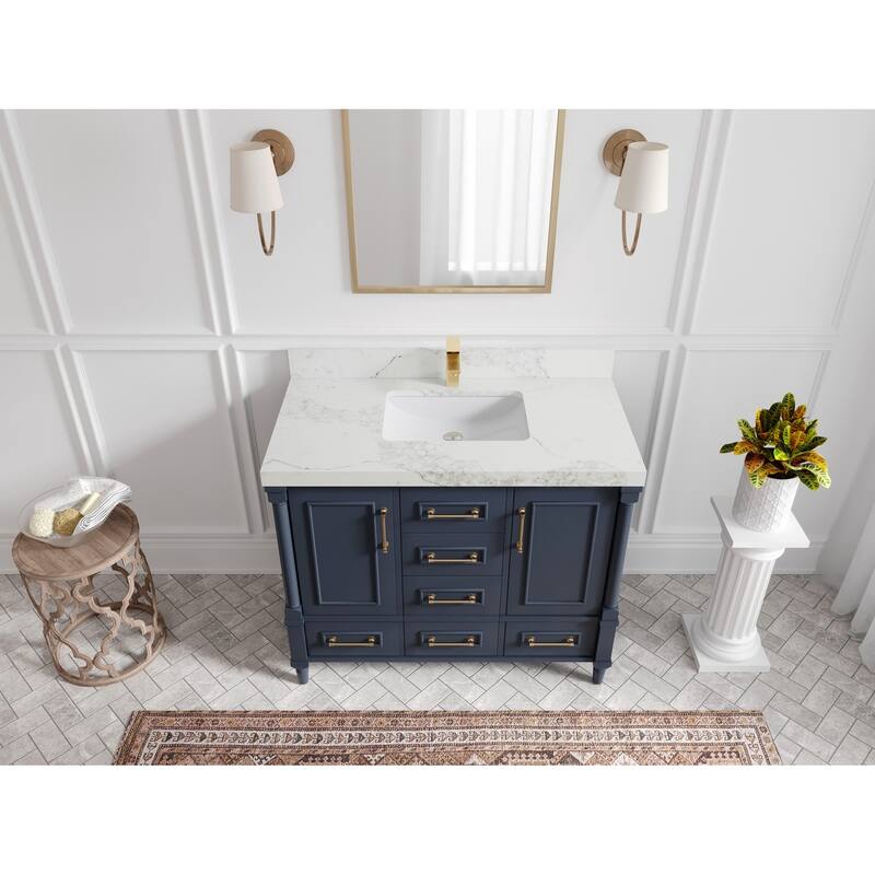 Willow Collections 42 in. W x 22 in. D Aberdeen Single Bowl Sink Bathroom Vanity with Countertop - 2" Calacatta Nuvo - Hale Navy Blue
