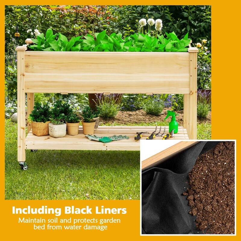 Raised Garden Bed on Wheels, Wood Planter Box with Legs, Liner, Drain Holes, Elevated Garden Bed, Standing Garden Container