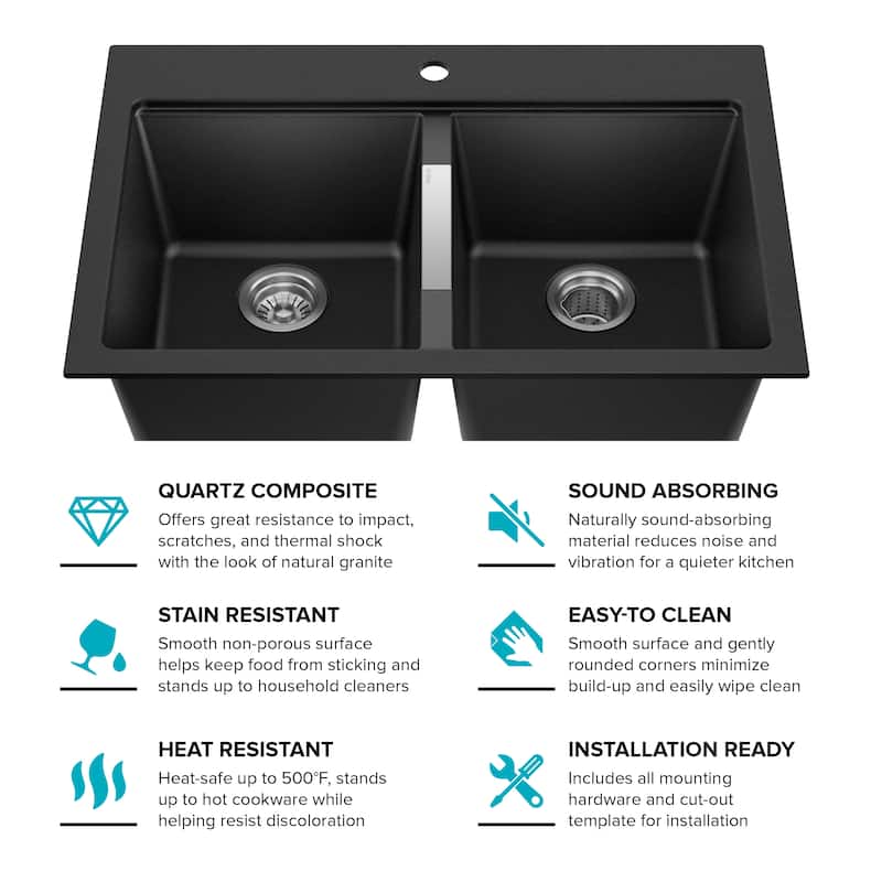 KRAUS Granite 33 inch 2-Bowl Undermount Drop-in Kitchen Sink