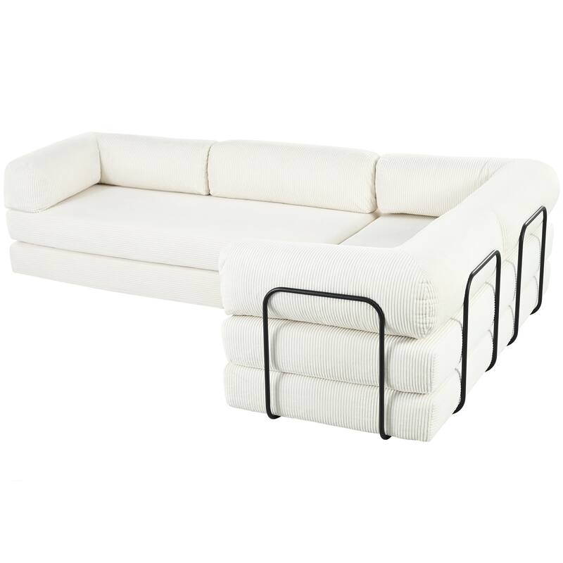 L-Shaped Modular Sofa Sleeper Sofa, Corduroy Sectional Sofa with 3 Wedge Cushions and Flat Cushion, Convertible Sofa Bed