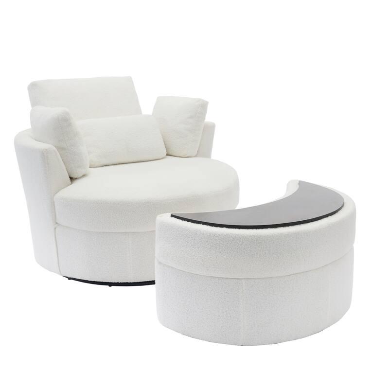 Chenille/Boucle Swivel Barrel Chair with Storage Ottoman